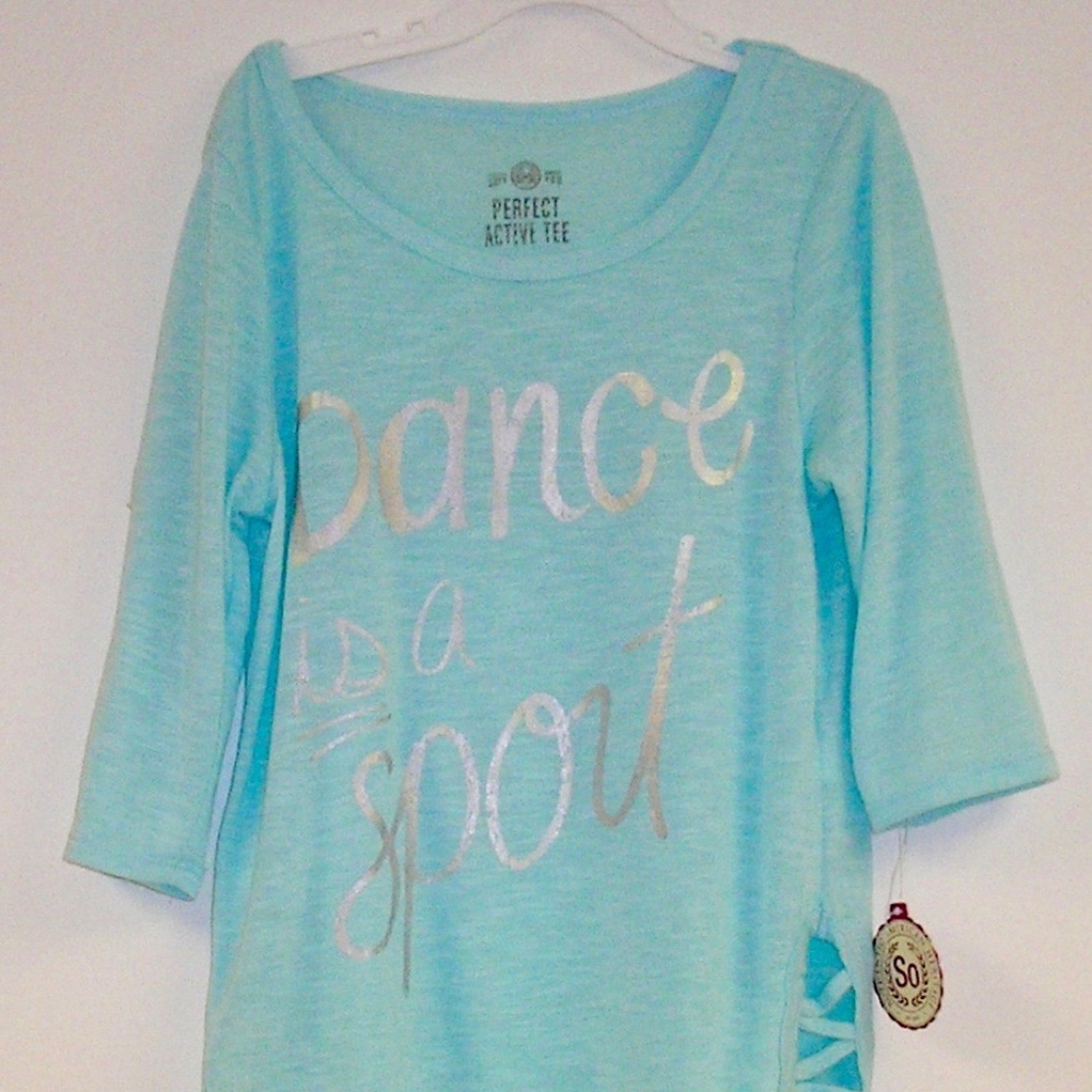 GIRLS AQUA TEE "DANCE IS A SPORT", SIZE 7-8 NWT